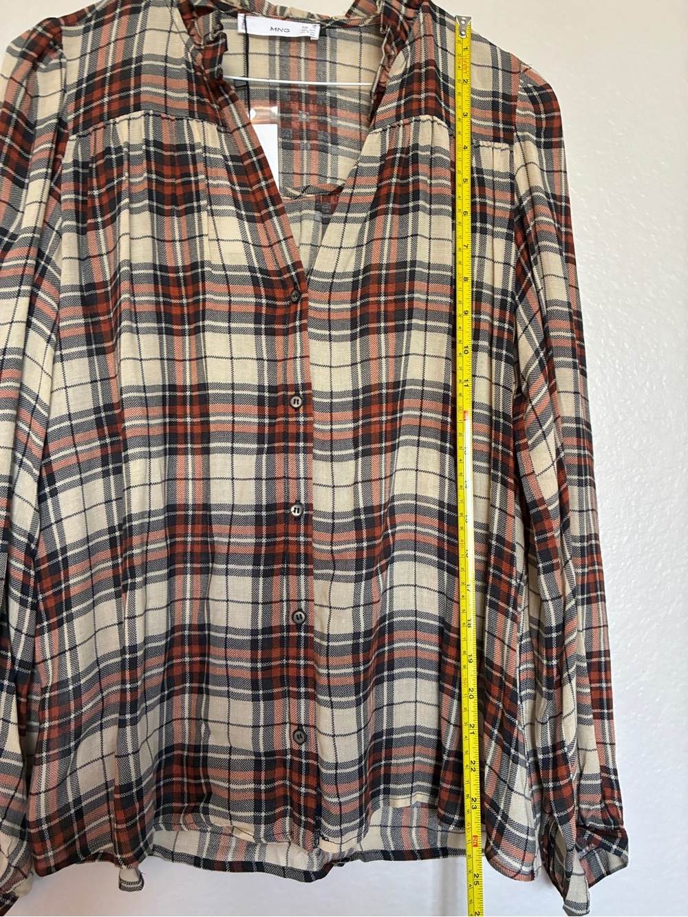 NWT Mango Plaid Ruffle Collar Blouse Viscose Wool Top Rust Cream XS Cottagecore - Picture 9 of 9
